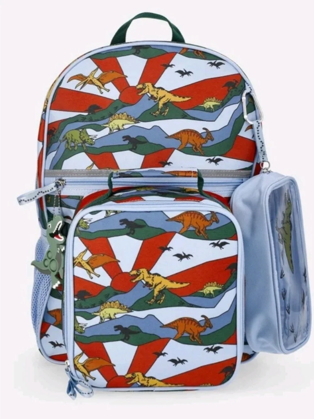 Kids Dinosaur Backpack and Lunch Bag Set - Light Blue, Green, Red